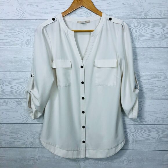 41 Hawthorn Women's Button Front Top Roll Tab Sleeves V Neck White Size Small - Picture 1 of 6